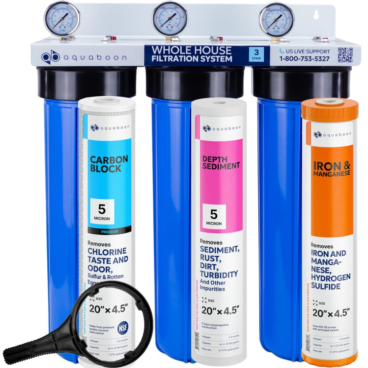 3-Stage 20" Whole House Water Filtration System by Aquaboon For Iron And Manganese Filtration On White Coated Iron Bracket SKU: AB-3WH20BB-1C20BB5M-1IRM20BB-1S20BB5M