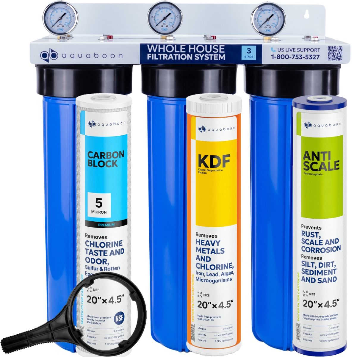 Anti Scale, Heavy Metals And Chlorine Filtration 3-Stage 20" Whole House Water Filtration System by Aquaboon On White Coated Iron Bracket SKU: AB-3WH20BB-1C20BB5M-1K20BB-1PPH20BB