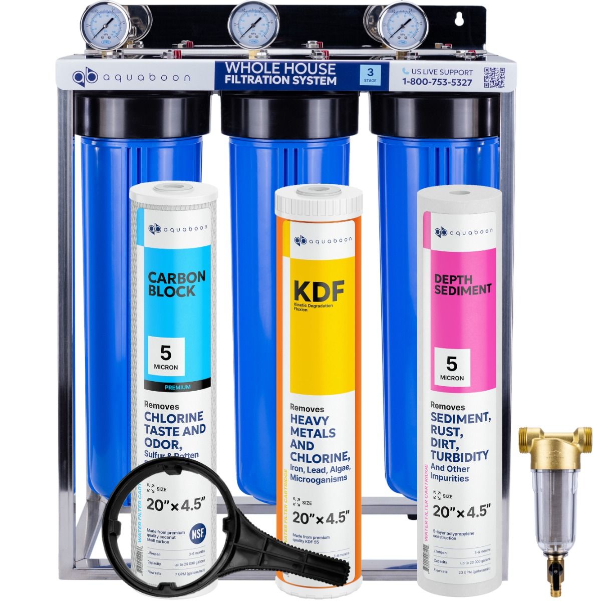 Heavy Metals And Chlorine Filtration 3-Stage 20" Whole House Water Filtration System by Aquaboon For On Stainless Steel Stand SKU: AB-3WHS20BB-1C20BB5MP-1K20BB-1S20BB5M