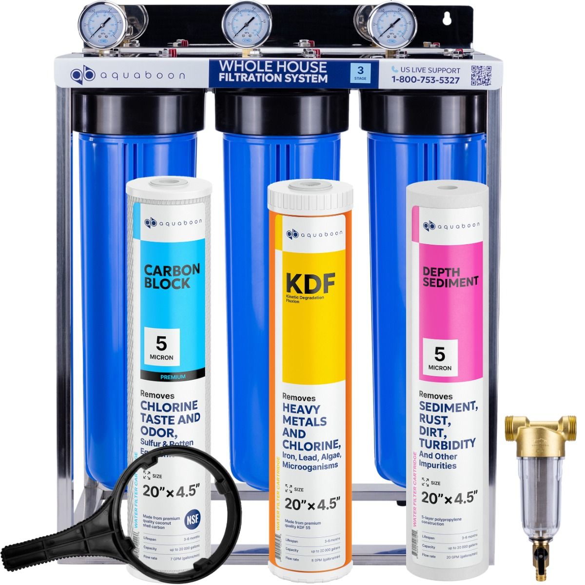Heavy Metals And Chlorine Filtration 3-Stage 20" Whole House Water Filtration System by Aquaboon For On Stainless Steel Stand SKU: AB-3WHS20BB-1C20BB5MP-1K20BB-1S20BB5M