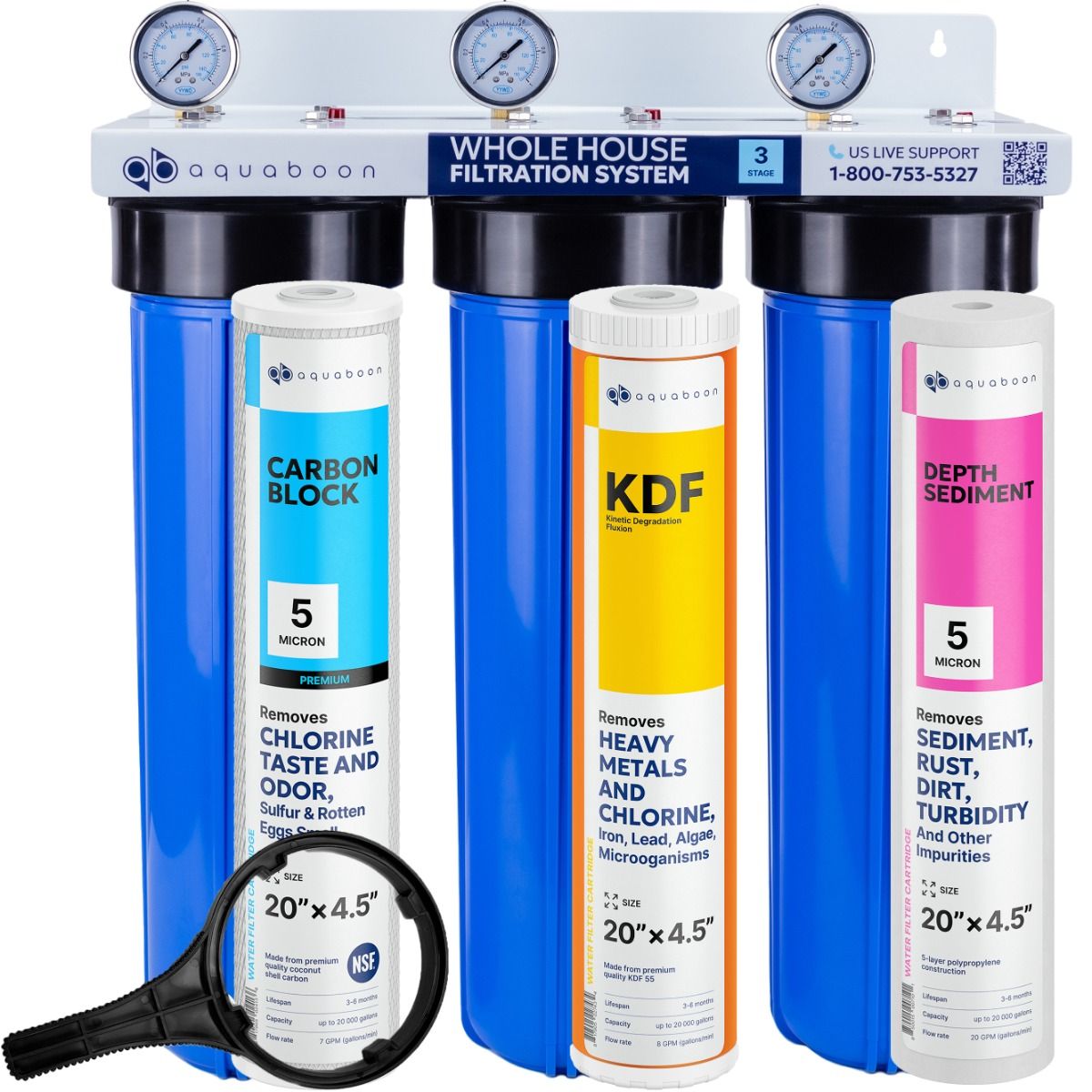 Heavy Metals And Chlorine Taste And Odor Filtration 3-Stage 20" Whole House Water Filtration System by Aquaboon On White Coated Iron Bracket SKU: AB-3WH20BB-1C20BB5M-1K20BB-1S20BB5M