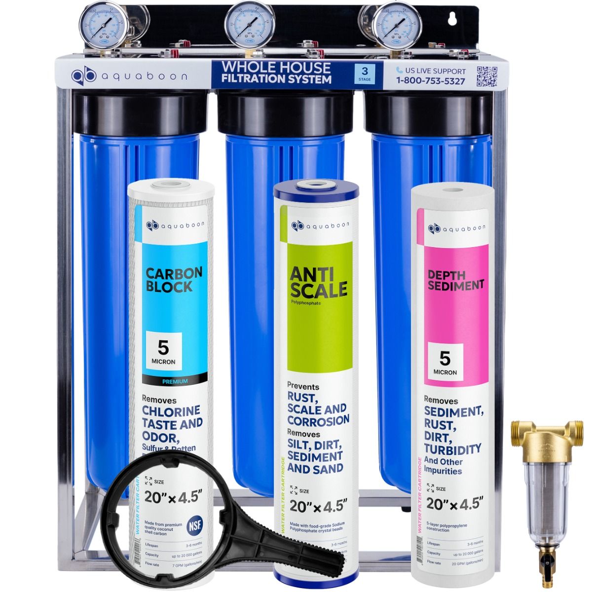 3-Stage 20" Whole House Water Filtration System by Aquaboon For Anti-Scale Filtration On Stainless Steel Stand SKU: AB-3WHS20BB-1C20BB5MP-1PPH20BB-1S20BB5M