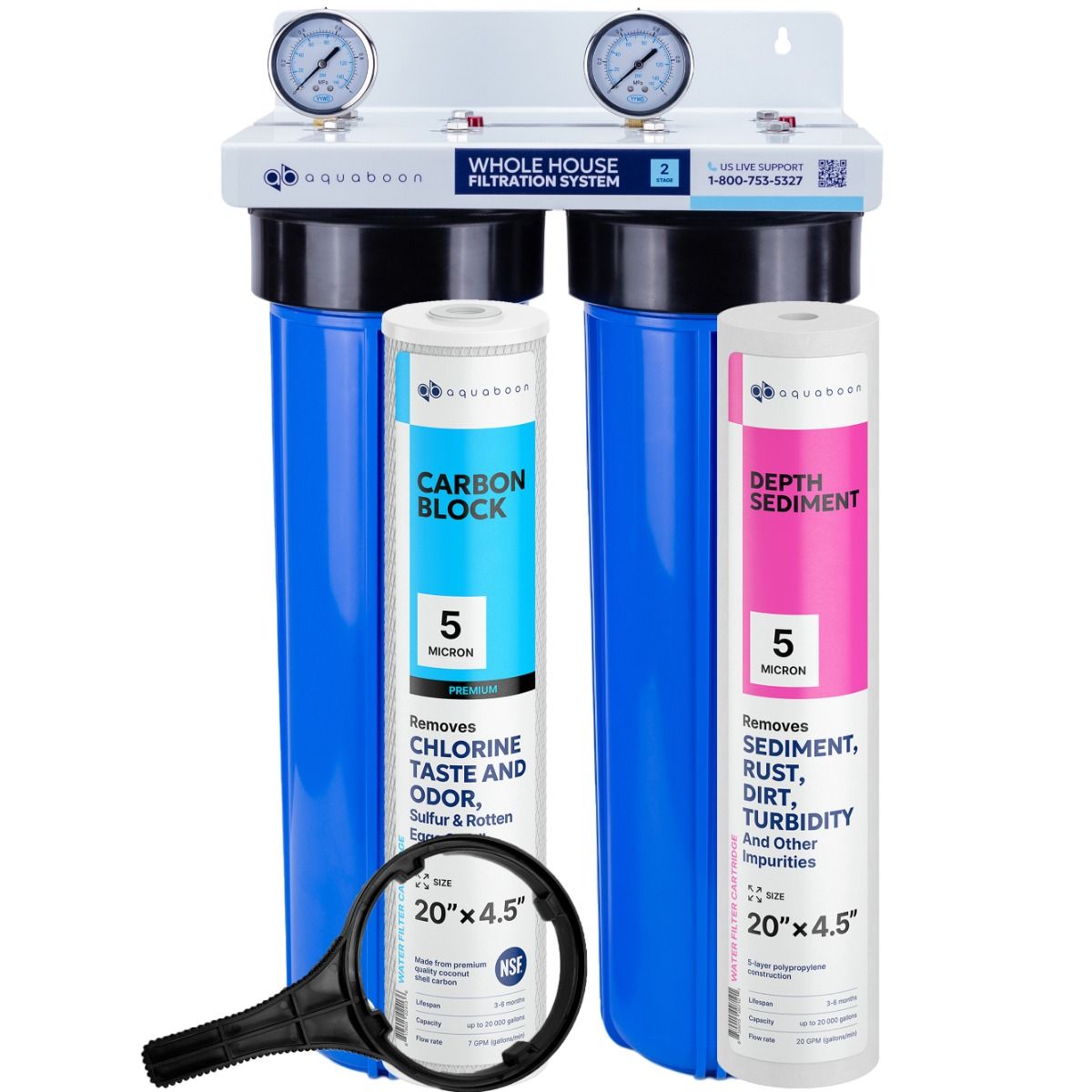 Chlorine Taste And Odor Filtration 2-Stage 20" Whole House Water Filtration System by Aquaboon On White Coated Iron Bracket SKU: AB-2WH20BB-1C20BB5M-1S20BB5M
