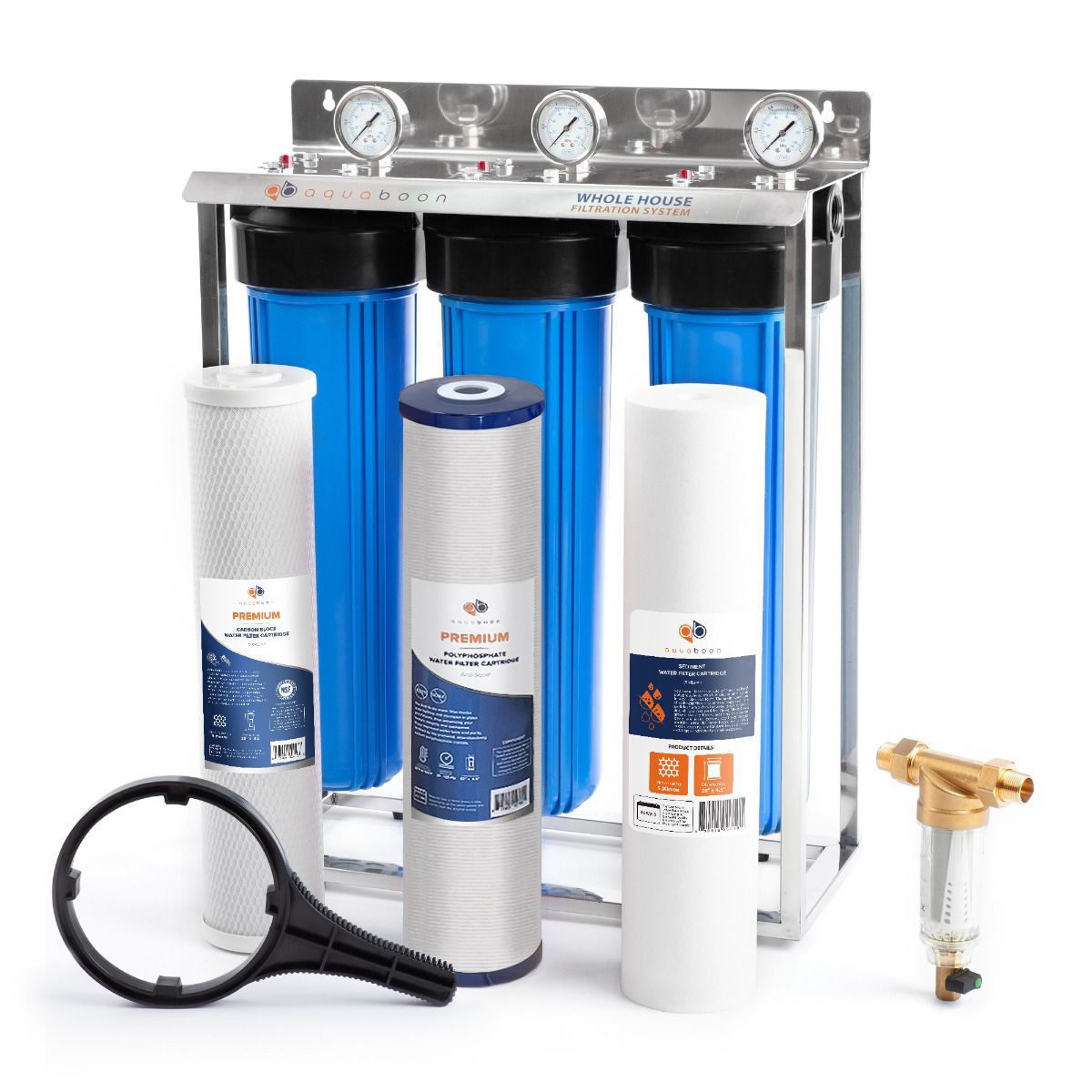 Aquaboon Whole House 3-Stage 20" Water Filtration System For Anti-scale Filtration (Carbon, Polyphosphate, Sediment Filters) on Stainless Steel Stand AB-3WHS20BB-1C20BB5MP-1PPH20BB-1S20BB5M
