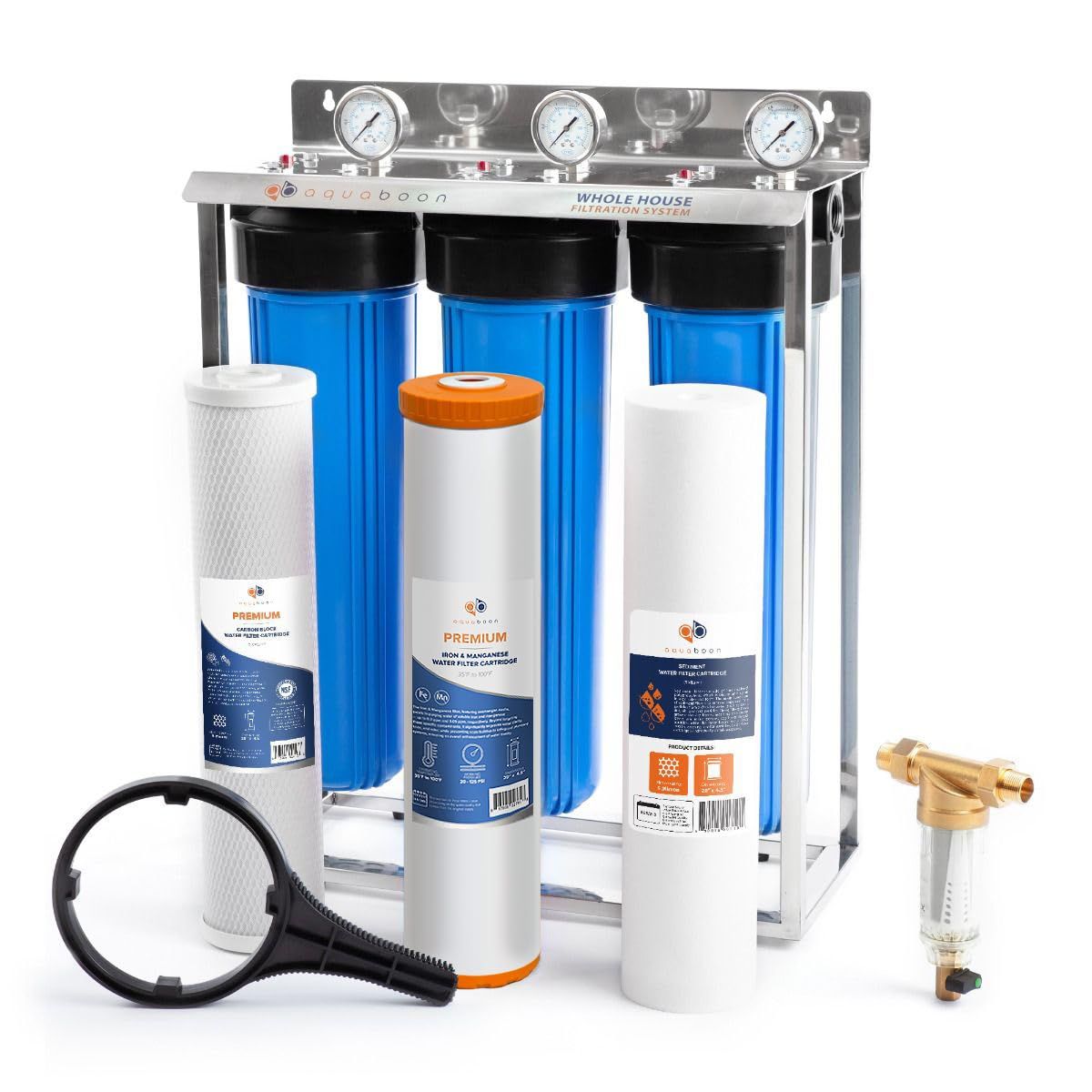 Aquaboon Whole House 3-Stage 20" Water Filtration System For Iron & Manganese Filtration (Carbon, Iron & Manganese, Sediment Filters), Stainless Steel Stand AB-3WHS20BB-1C20BB5MP-1IRM20BB5M-1S20BB5M