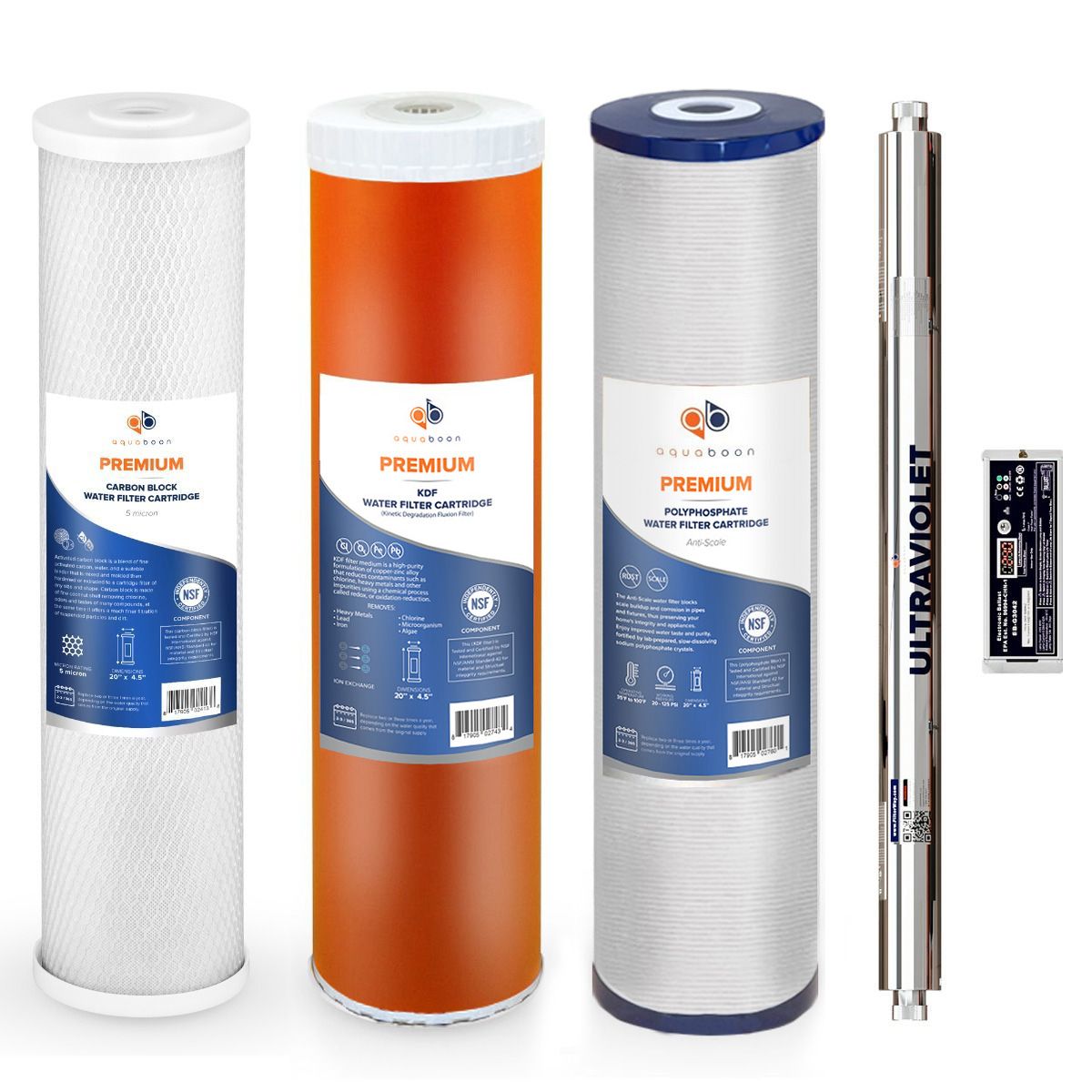 Aquaboon 5 Micron 20" x 4.5" Premium CTO Carbon Block, KDF & Anti Scale, Advanced UV Lamp Replacement Filter Cartridges Set (4 PCS)