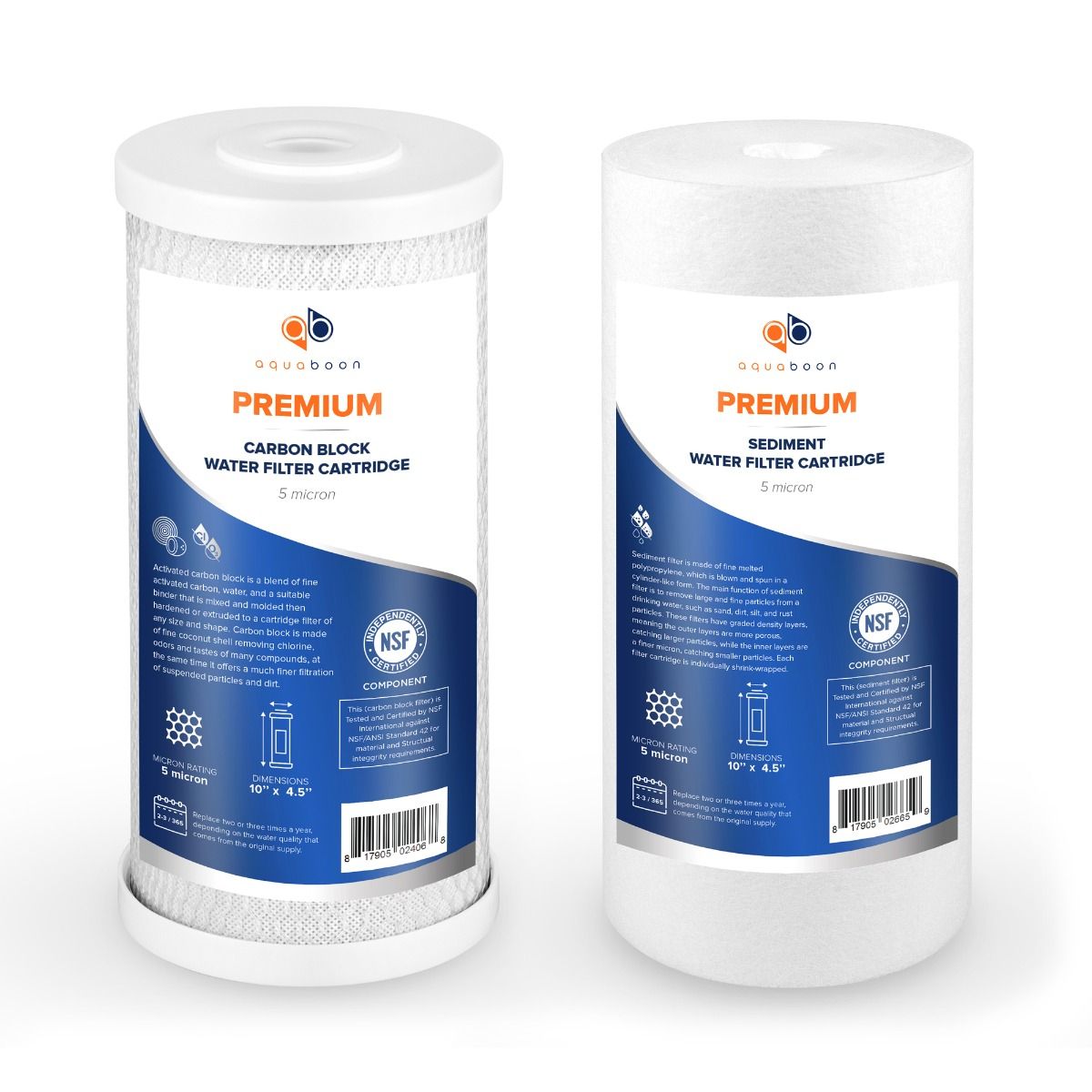 Aquaboon 5 Micron 10" x 4.5" Premium CTO Carbon Block & Sediment Replacement Filter Cartridges Set (2 PCS)