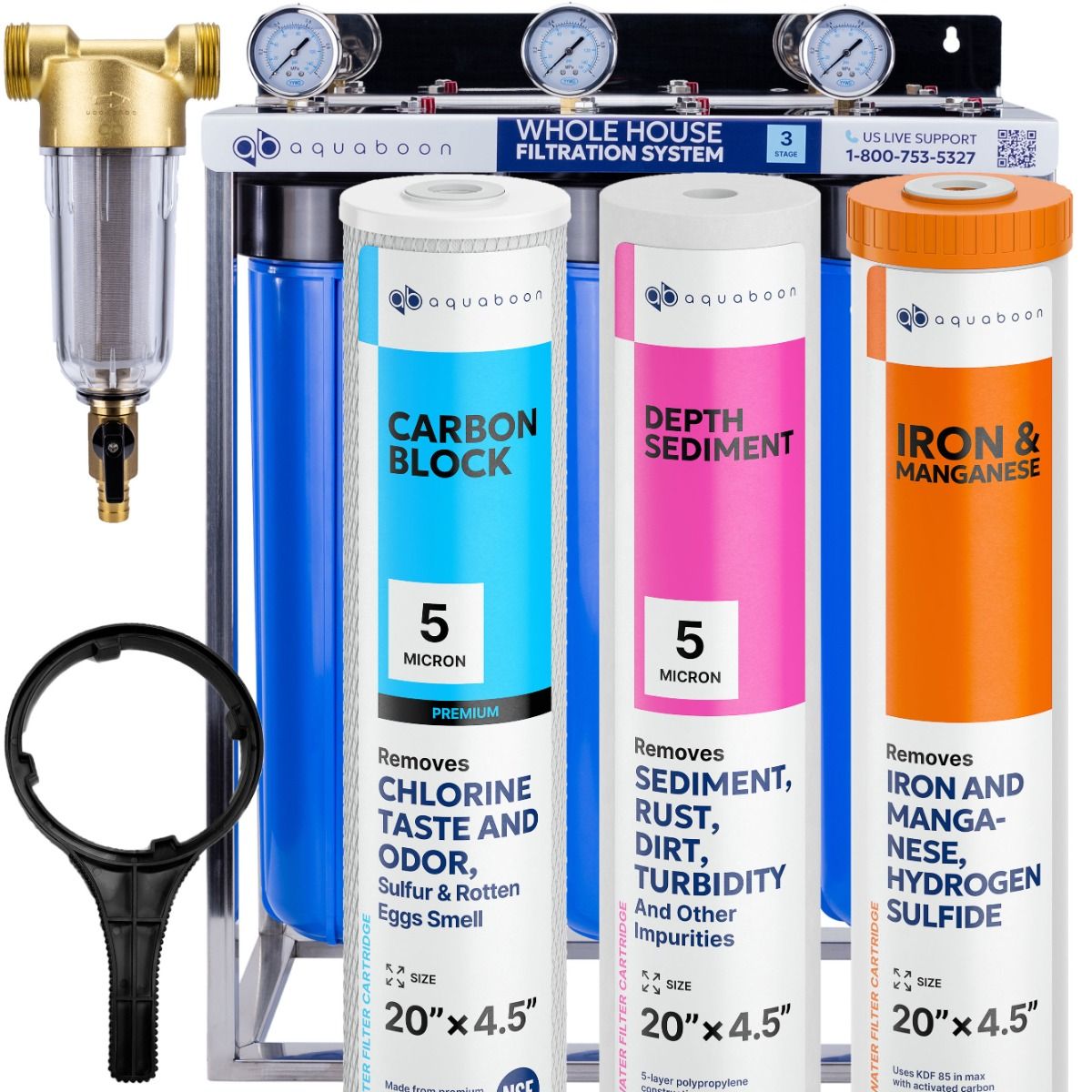 3-Stage 20" Whole House Water Filtration System by Aquaboon For Iron And Manganese Filtration On Stainless Steel Stand SKU: AB-3WHS20BB-1C20BB5MP-1IRM20BB-1S20BB5M