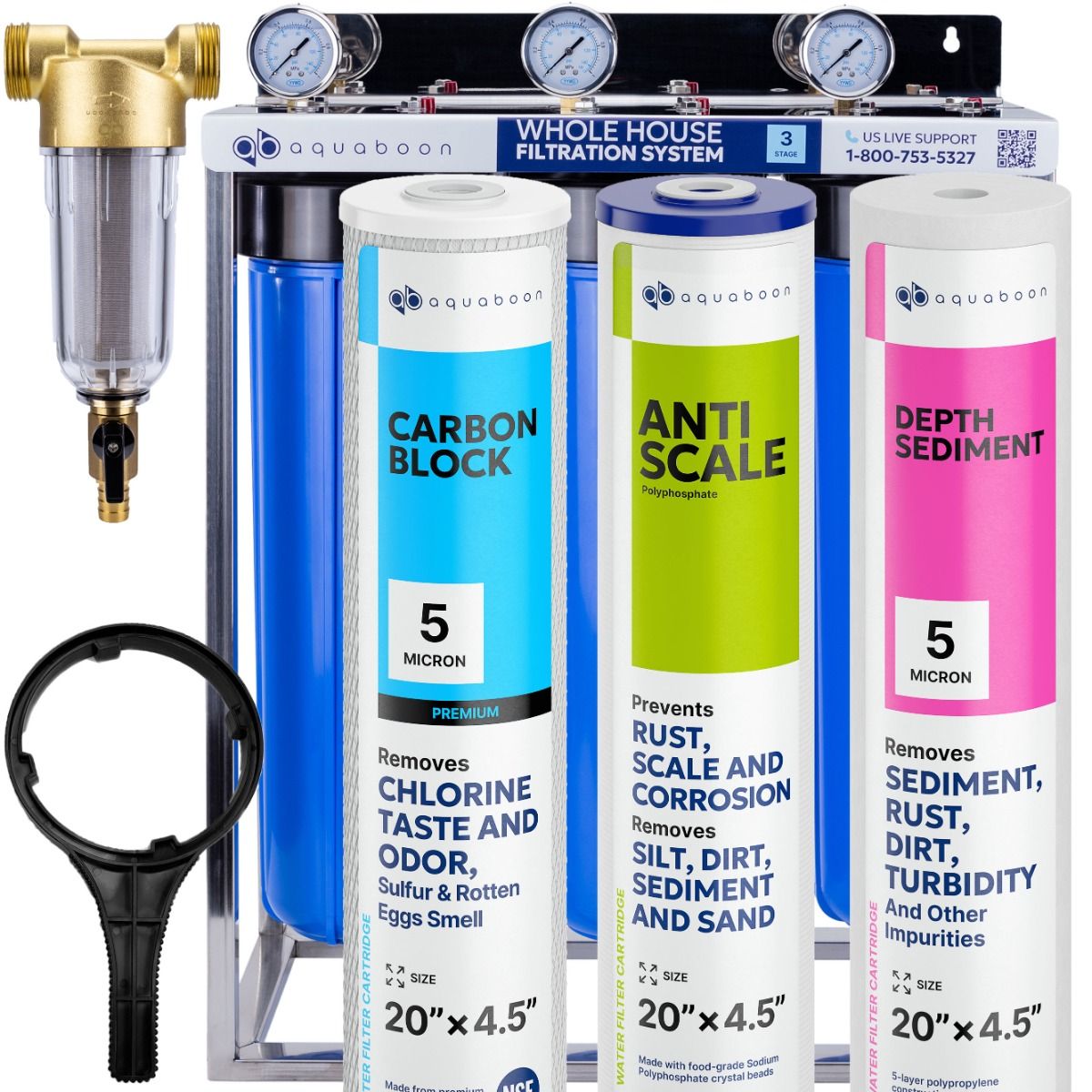 3-Stage 20" Whole House Water Filtration System by Aquaboon For Anti-Scale Filtration On Stainless Steel Stand SKU: AB-3WHS20BB-1C20BB5MP-1PPH20BB-1S20BB5M