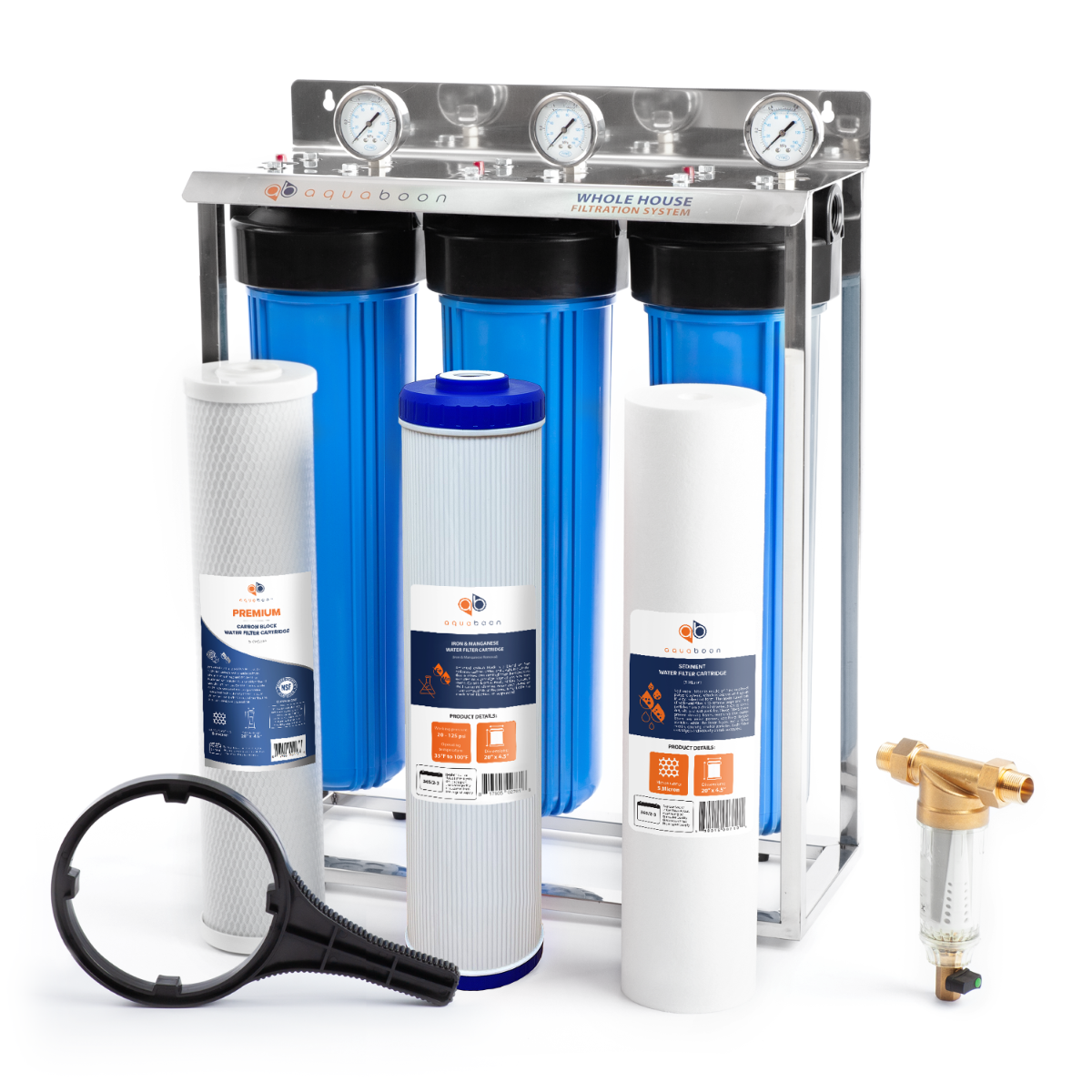 Aquaboon Whole House 3-Stage 20" Water Filtration System For Iron & Manganese Filtration (Carbon, Iron & Manganese, Sediment Filters), Stainless Steel Stand