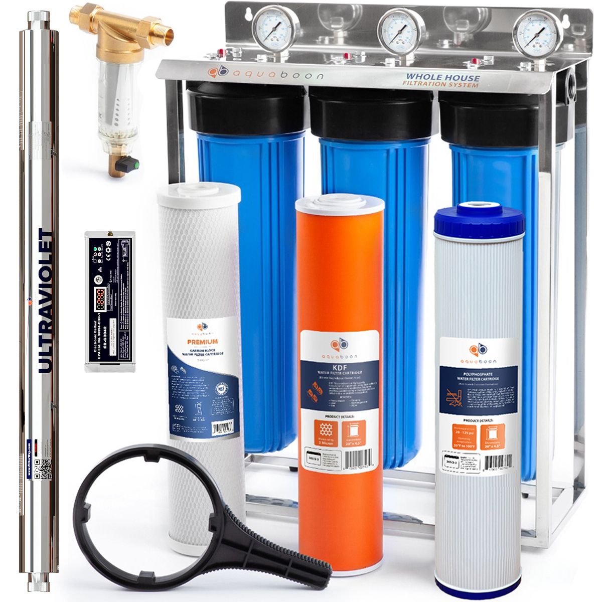 Aquaboon Whole House 3-Stage 20" Water Filtration System For Iron & Manganese Filtration (Carbon, Anti Scale, KDF, Advanced UV lamp), Stainless Steel Stand