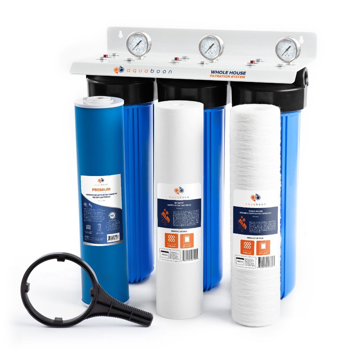 3-Stage 20" Whole House Water Filtration System by Aquaboon AB-3WHPG20BBW-1G20BB5M-1S20BB5M-1SW20BB5M
