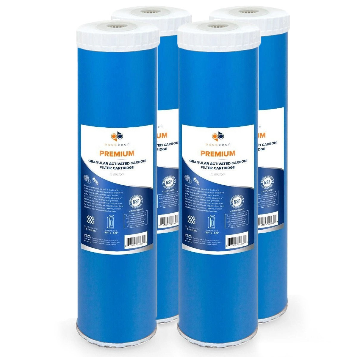 4 Pack Of Premium Aquaboon 5 Micron 20 x 4.5 Inch. GAC Water Filter Cartridge