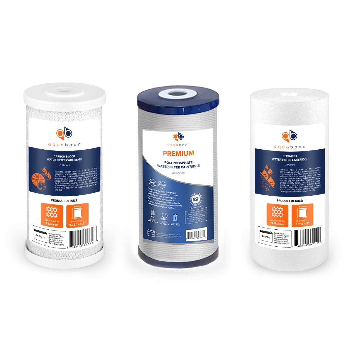 Aquaboon 5 Micron 10" x 4.5" CTO Carbon Block, Polyphosphate Anti Scale & Sediment Replacement Filter Cartridges Set (3 PCS)