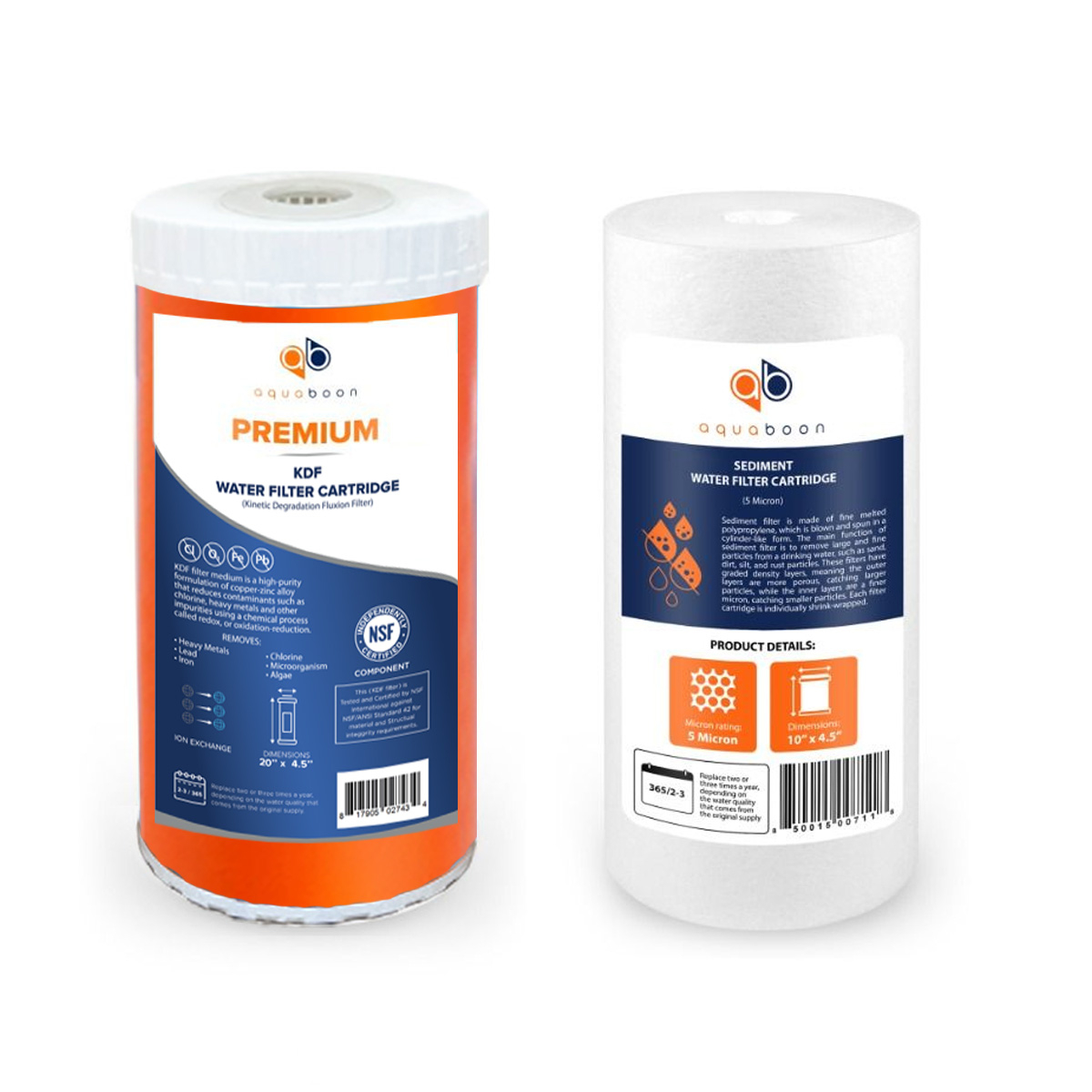 Aquaboon 5 Micron 10" x 4.5" KDF & Sediment Replacement Filter Cartridges Set (2 PCS)