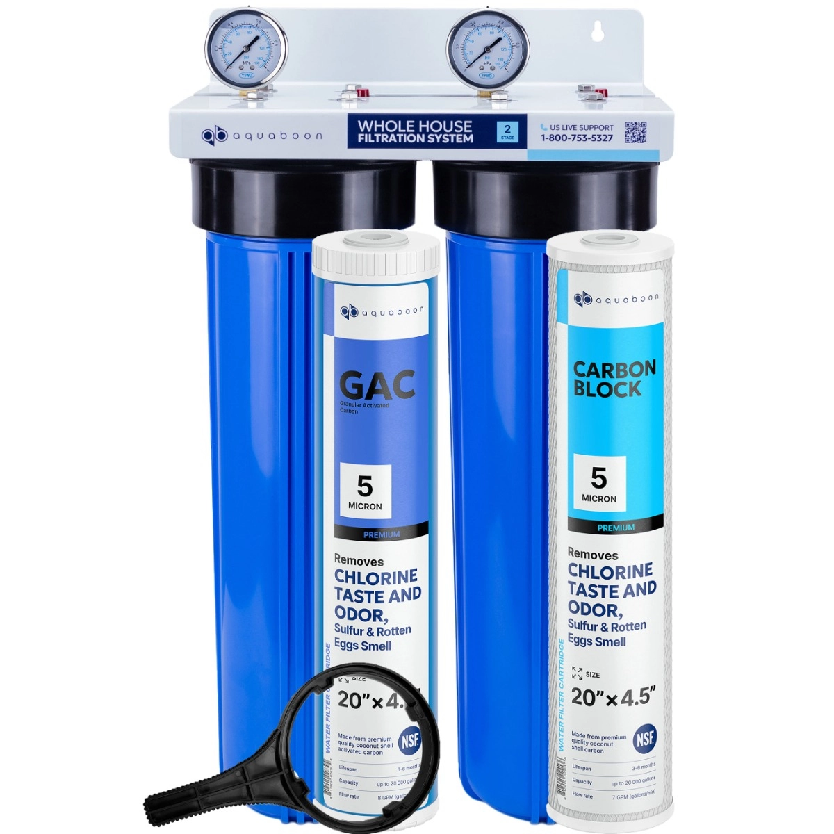 Chlorine Taste And Odor Filtration 2-Stage 20" Whole House Water Filtration System by Aquaboon On White Coated Iron Bracket SKU: AB-2WH20BB-1G20BB5M-1C20BB5M