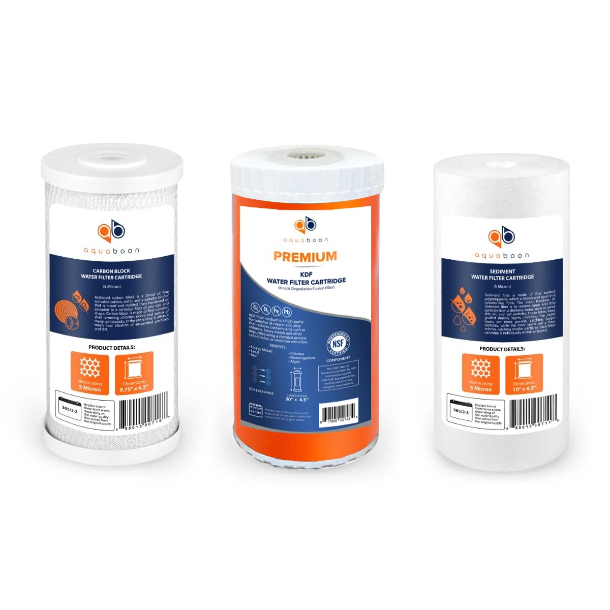 Aquaboon 5 Micron 10" x 4.5" CTO Carbon Block, KDF & Sediment Replacement Filter Cartridges Set (3 PCS)