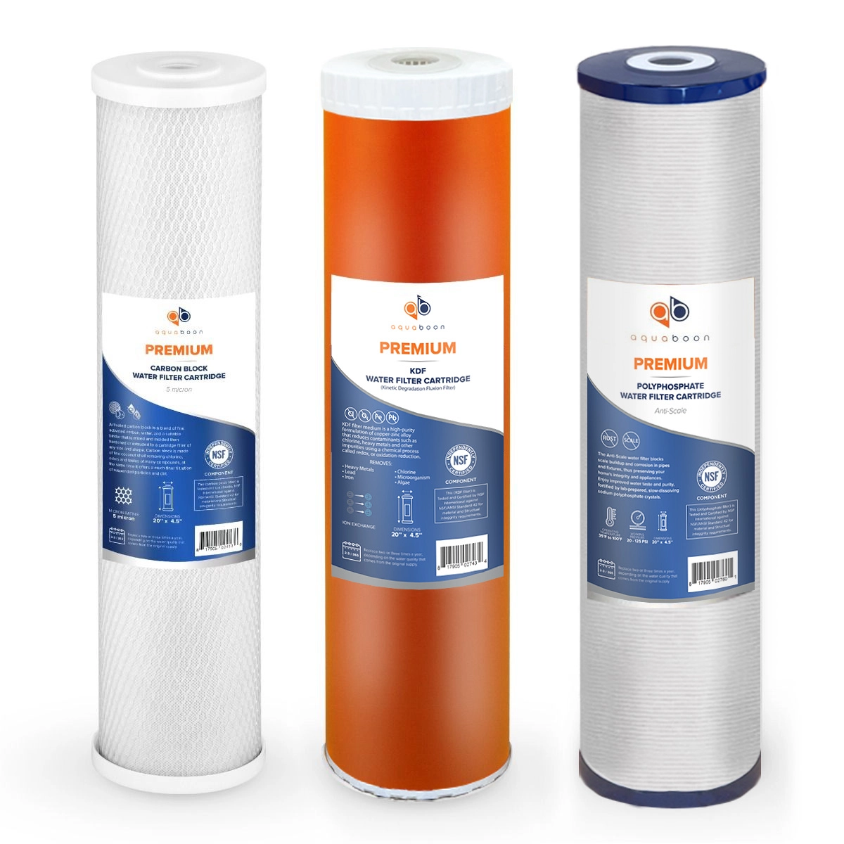 Aquaboon 5 Micron 20" x 4.5" Premium CTO Carbon Block, KDF & Anti Scale Replacement Filter Cartridges Set (3 PCS)