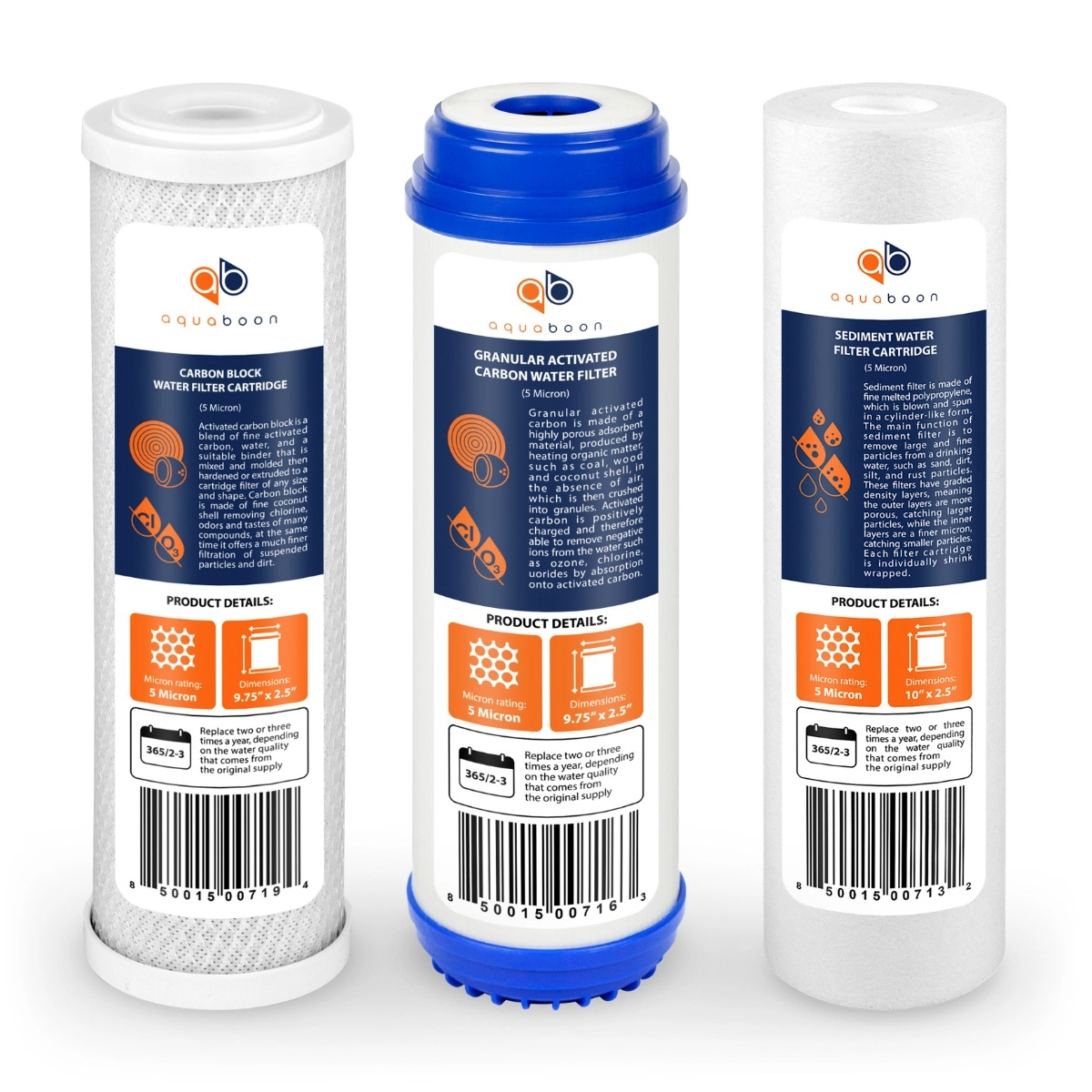 Replacement Set of 10 x 2.5 Inch Water Filter Cartridges by Aquaboon (3 PCS) AB-1C5M-1G5M-1S5M