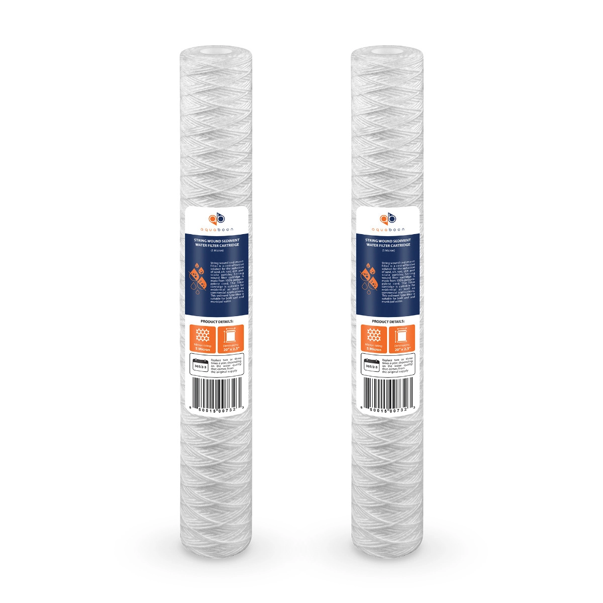 2 Pack Of Aquaboon 5 Micron 20 x 2.5 Inch String Wound Sediment Water Filter Cartridge SKU: AB-2SW205M