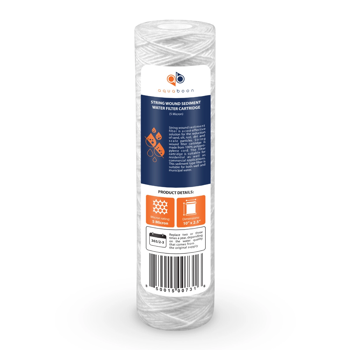 Aquaboon 5 micron 10 x 2.5 Inch String Wound Sediment Water Filter Cartridge
