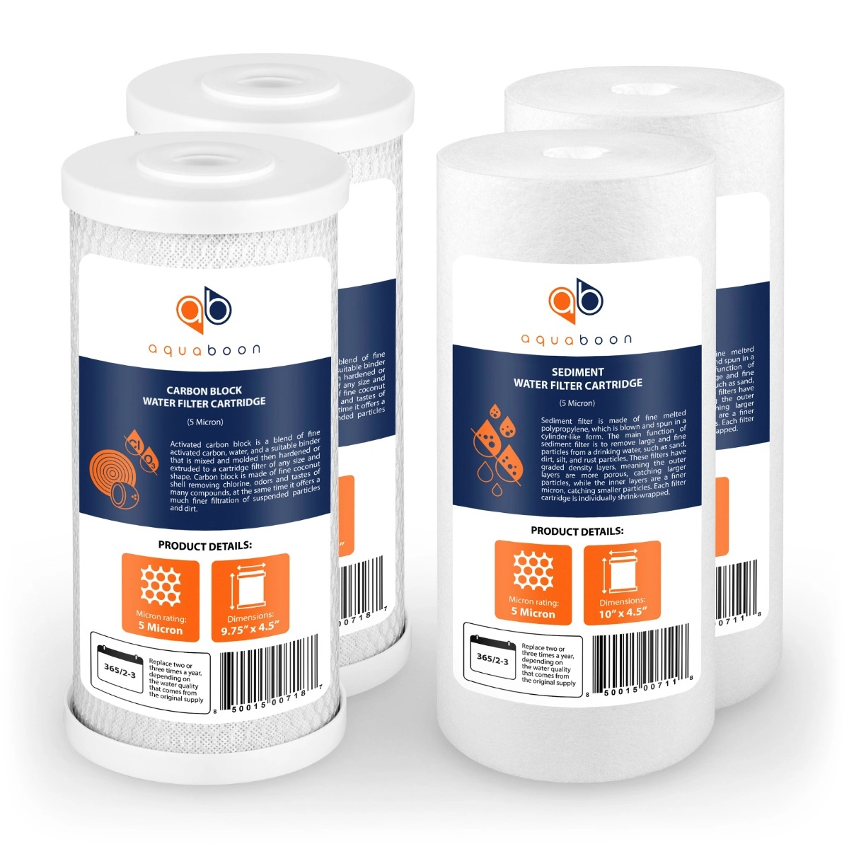 Aquaboon 5 Micron 10" x 4.5" CTO Carbon Block & Sediment Replacement Filter Cartridges Set (4 PCS)