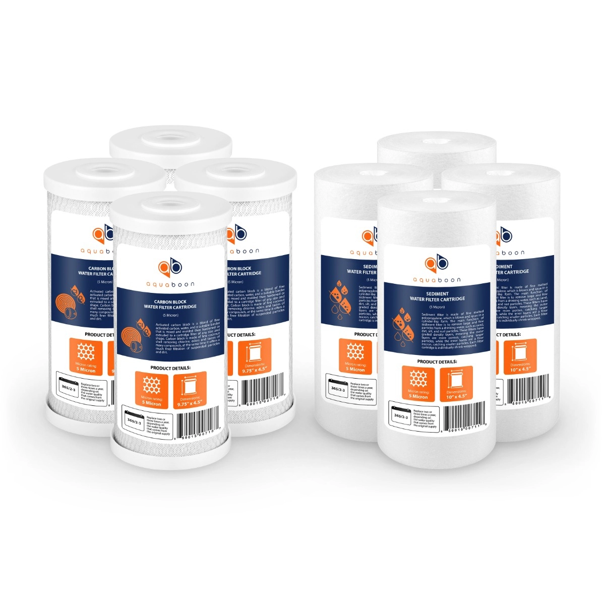 Aquaboon 5 Micron 10" x 4.5" CTO Carbon Block & Sediment Replacement Filter Cartridges Set (8 PCS)