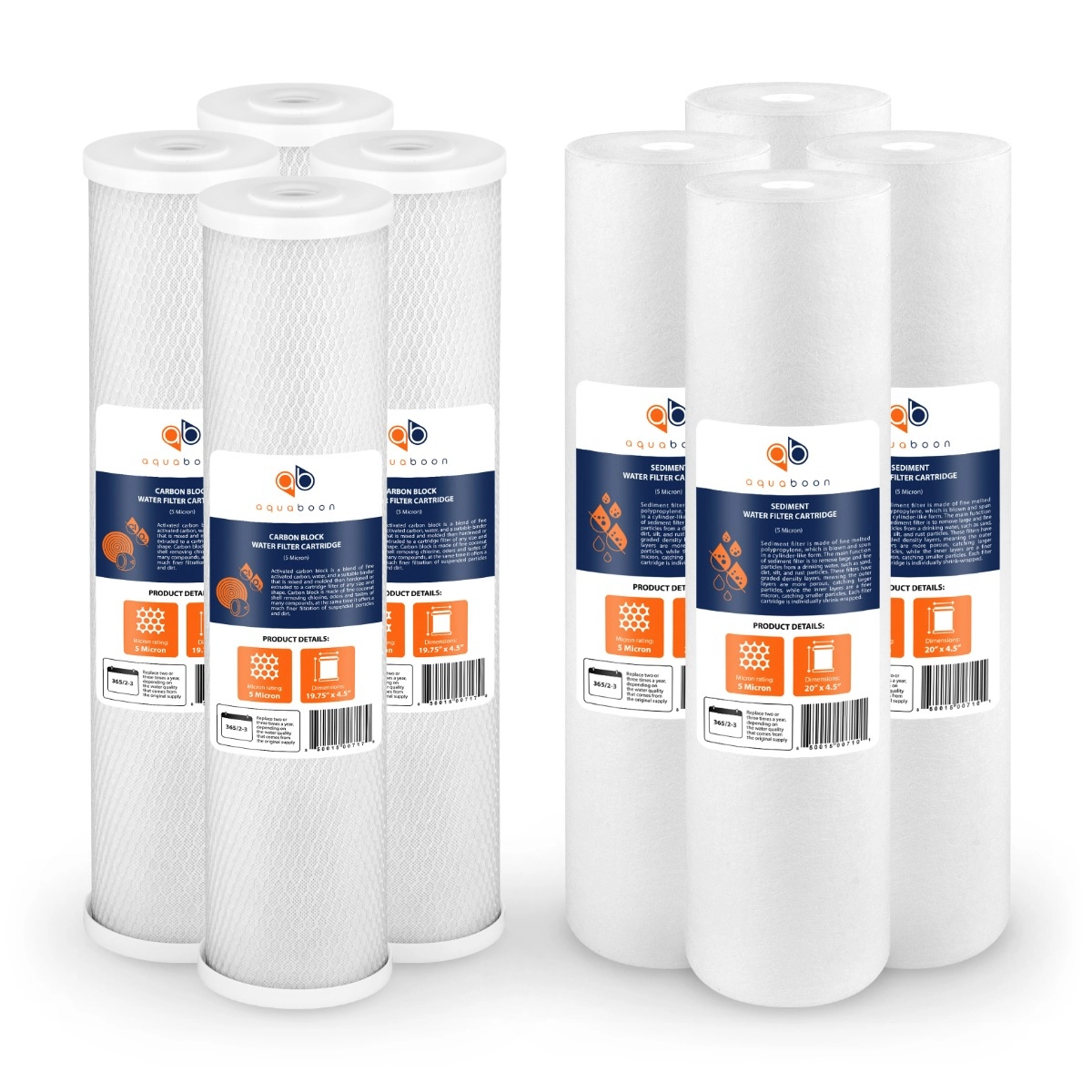 Aquaboon 5 Micron 20" x 4.5" CTO Carbon Block & Sediment Replacement Filter Cartridges Set (8 PCS)