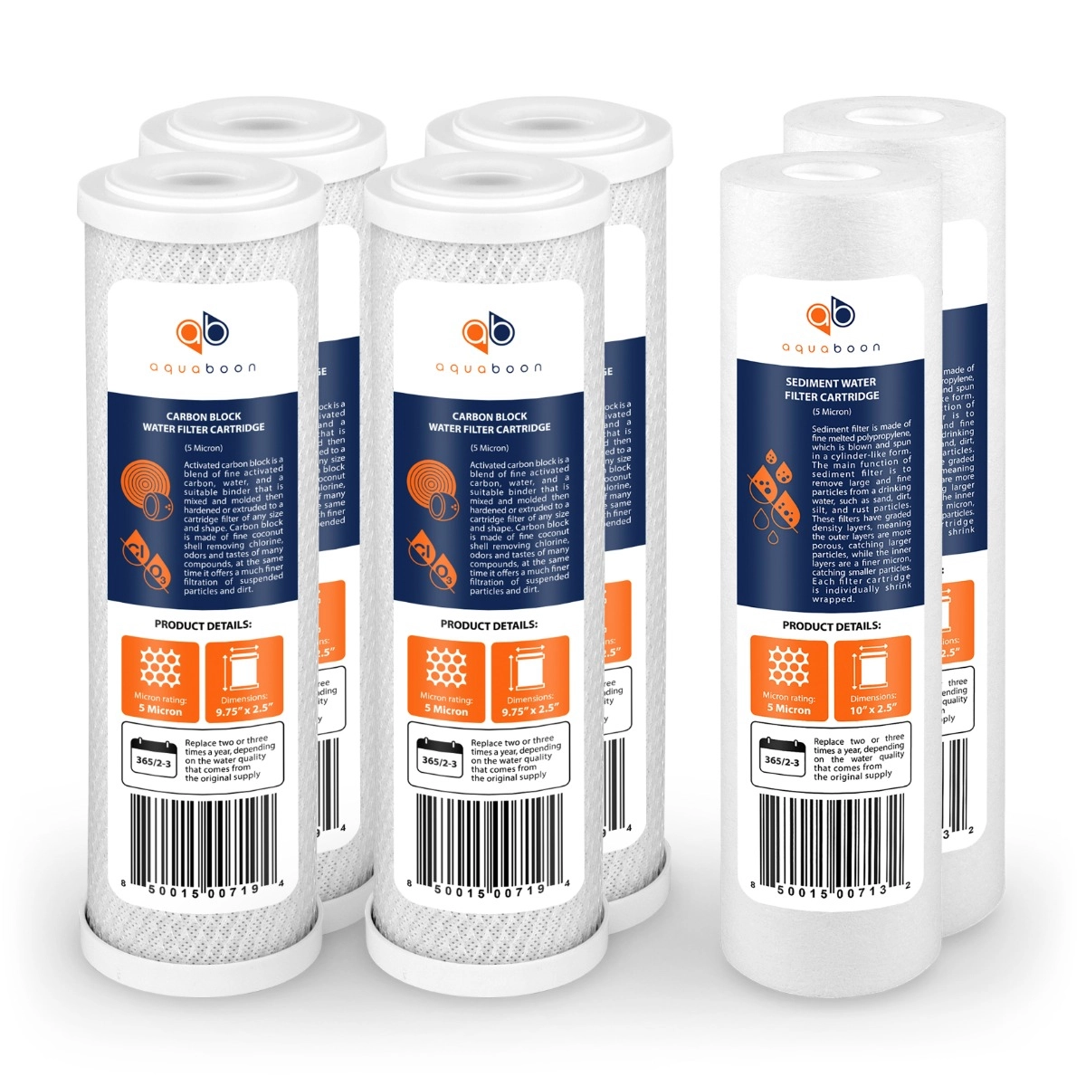 Replacement Set of 10 x 2.5 Inch Water Filter Cartridges by Aquaboon (6 PCS)