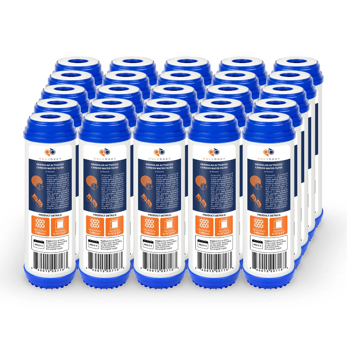 25 Pack Of Aquaboon 5 Micron 10 x 2.5 Inch. GAC Water Filter Cartridge
