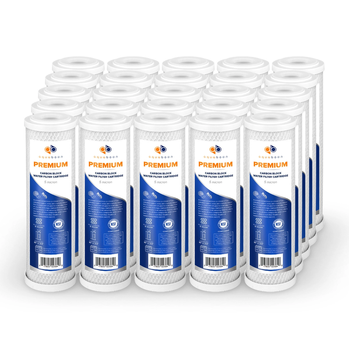25 Pack Of Premium Aquaboon 5 Micron 10 x 2.5 Inch. Carbon block Water Filter Cartridge
