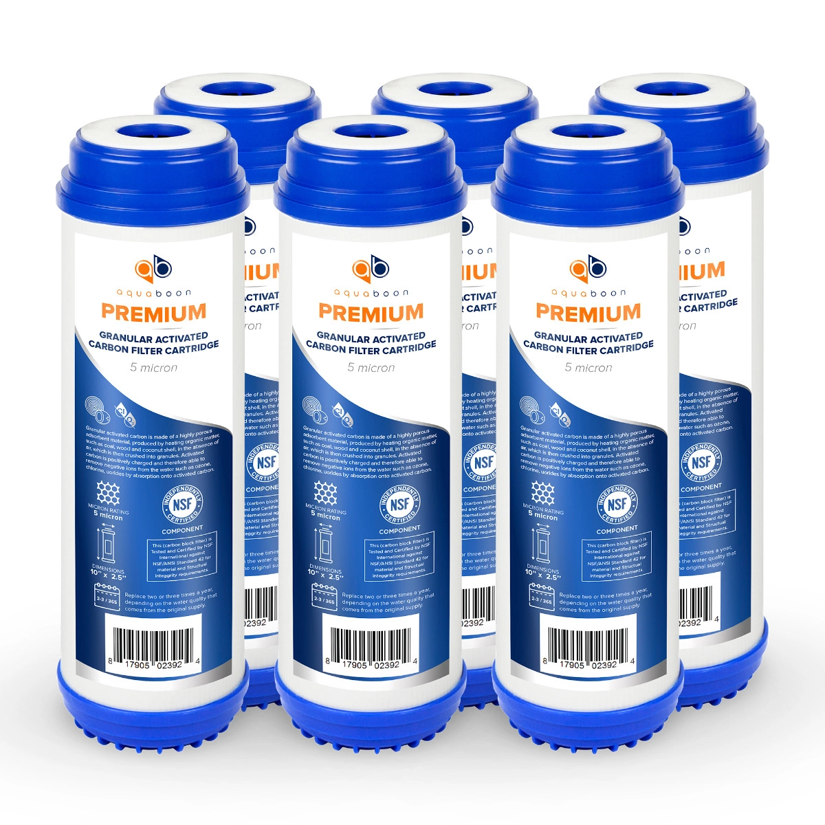 6 Pack Of Premium Aquaboon 5 Micron 10 x 2.5 Inch. GAC Water Filter Cartridge ABP-6G5M