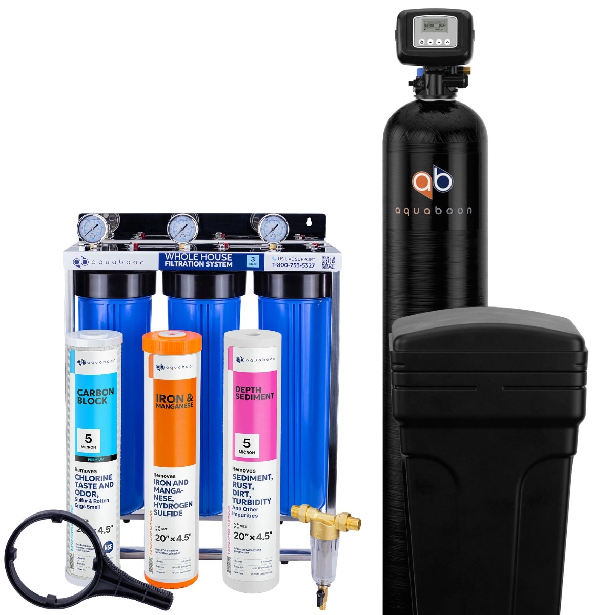 Includes 3-Stage 20 inch water filtration system, 50 micron pre-filter, 48000 grain water softener