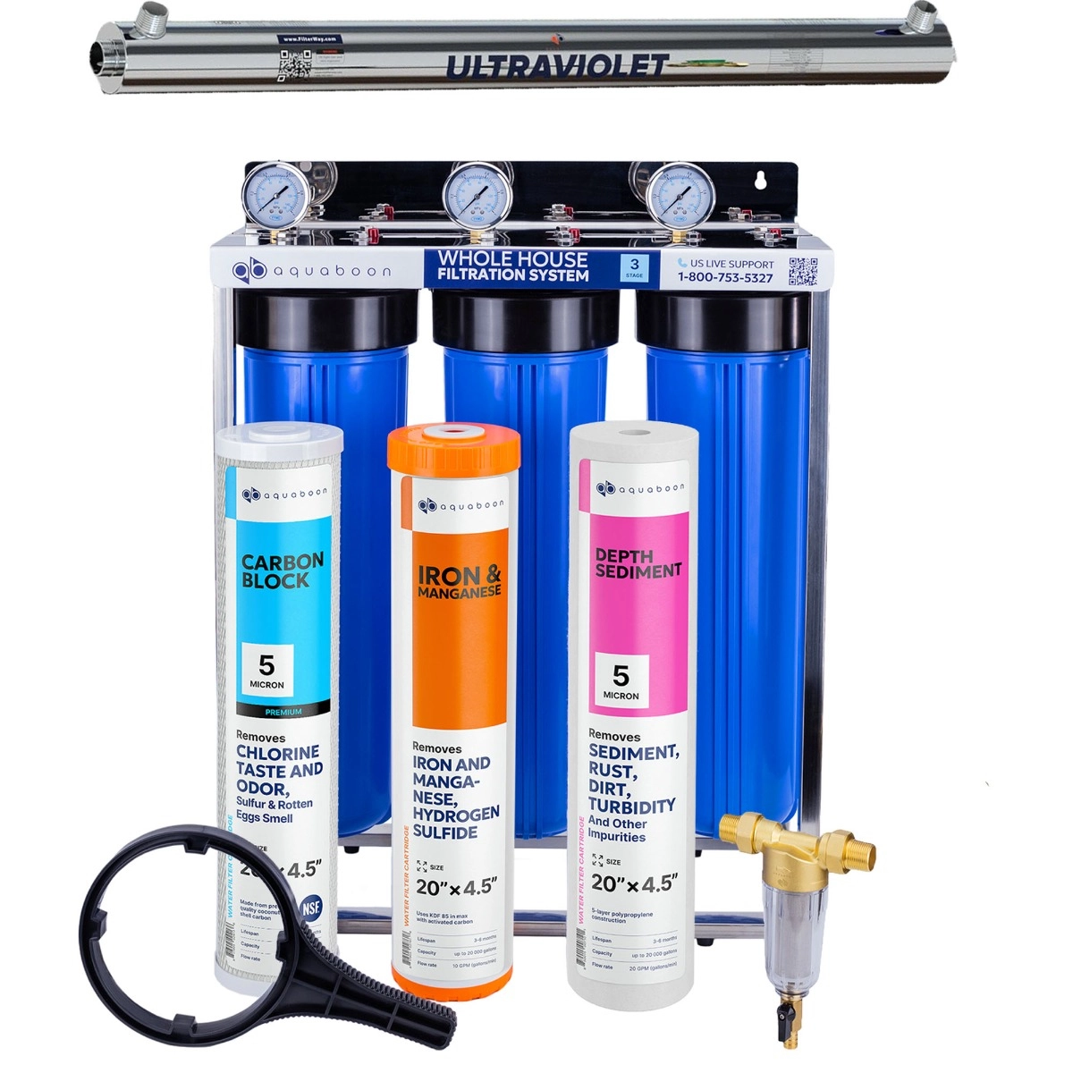 Promo set includes: 3-Stage 20 inch water filtration system, 50 micron pre-filter, UV lamp