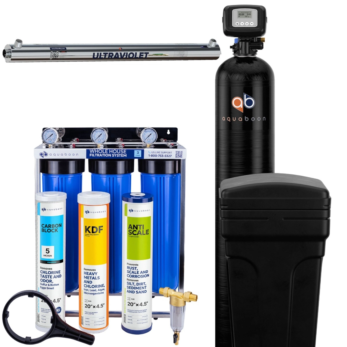 Promo set includes: 3-Stage 20 inch water filtration system, 50 micron pre-filter, 48000 grain water softener and UV lamp