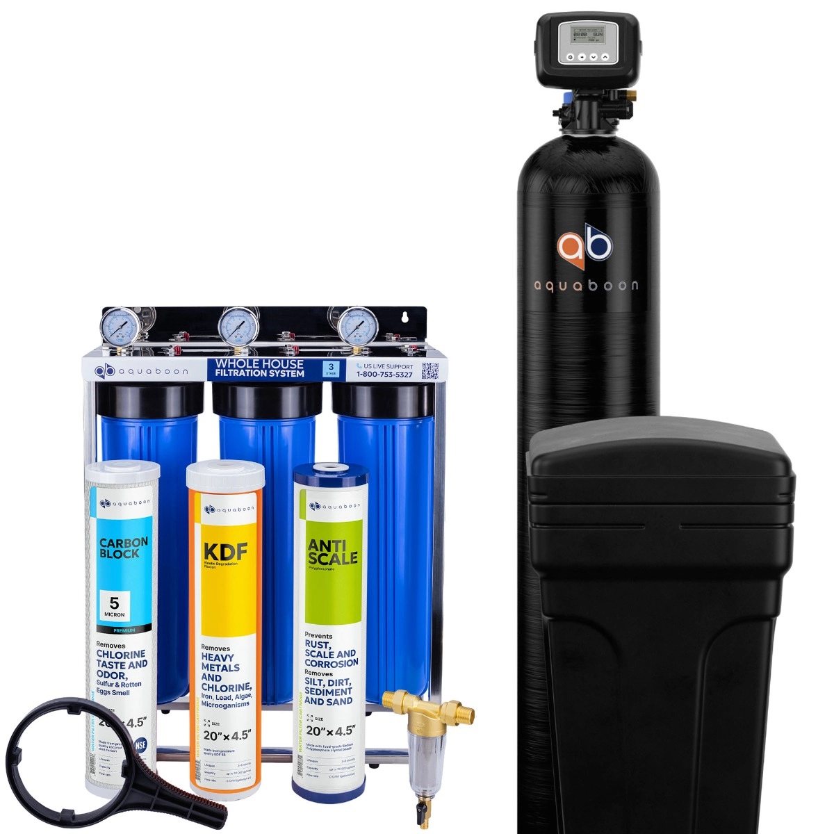 Promo set includes: 3-Stage 20 inch water filtration system, 50 micron pre-filter, 48000 grain water softener