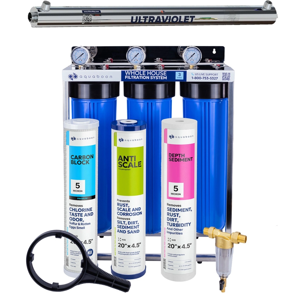 Promo set includes: 3-Stage 20 inch water filtration system, 50 micron pre-filter, UV lamp