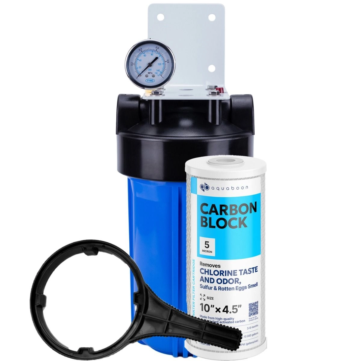 1-Stage 10" Whole House Water Filtration System by Aquaboon For Basic Filtration On White Coated Iron Bracket SKU: AB-WH10BB-1C10BB5M