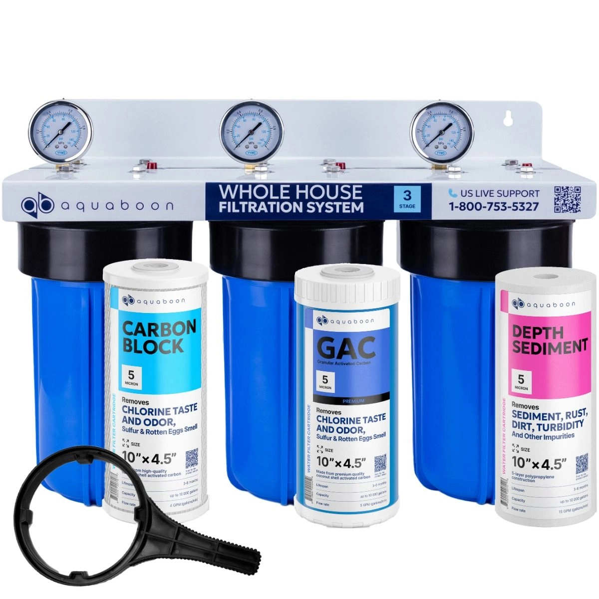 3-Stage 10" Whole House Water Filtration System by Aquaboon For Basic Filtration On White Coated Iron Bracket SKU: AB-3WH10BB-1C10BB5M-1G10BB5M-1S10BB5M