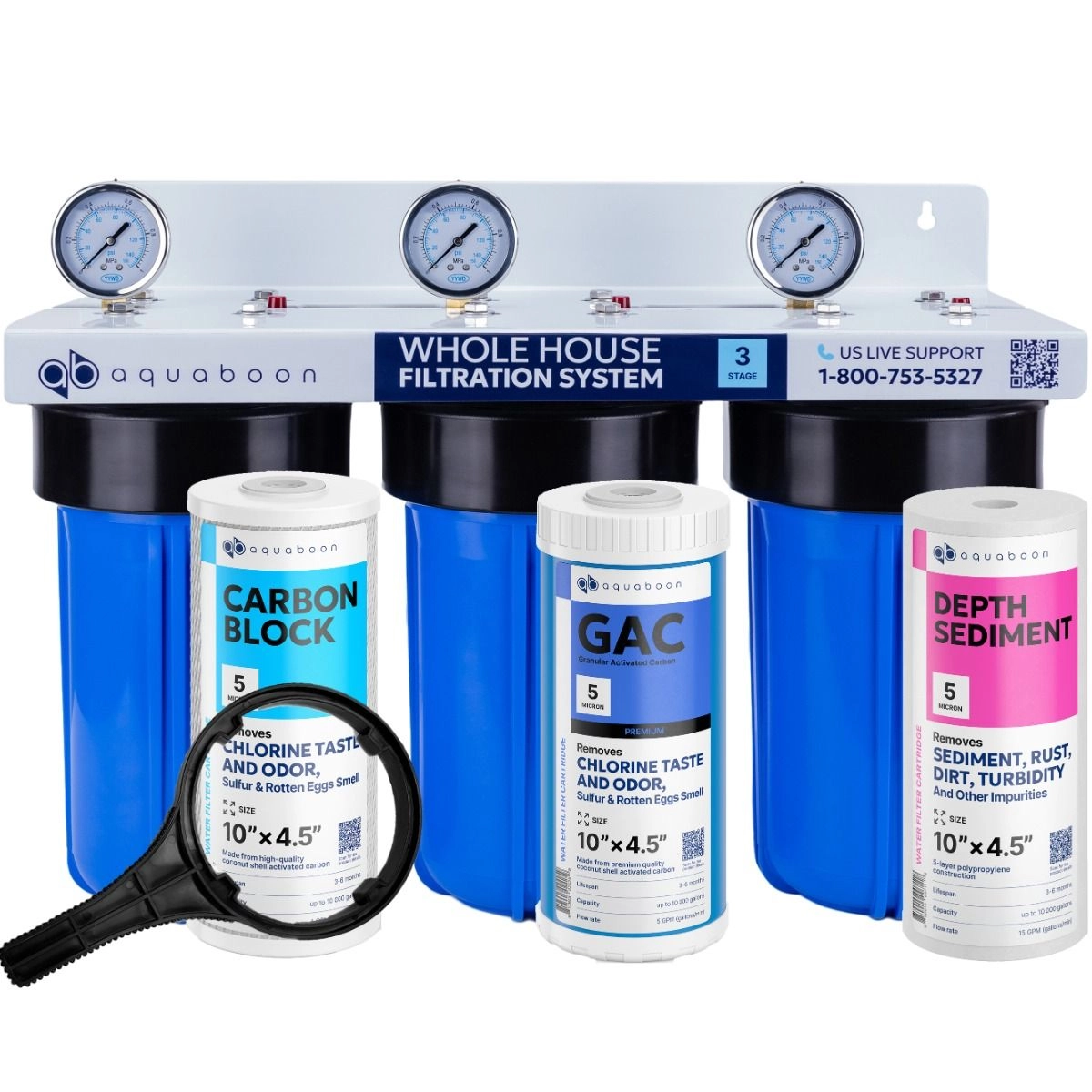 3-Stage 10" Whole House Water Filtration System by Aquaboon For Basic Filtration On White Coated Iron Bracket SKU: AB-3WH10BB-1C10BB5M-1G10BB5M-1S10BB5M