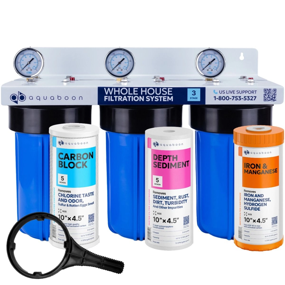 3-Stage 10" Whole House Water Filtration System by Aquaboon For Iron And Manganese Filtration On White Coated Iron Bracket SKU: AB-3WH10BB-1C10BB5M-1IRM10BB-1S10BB5M