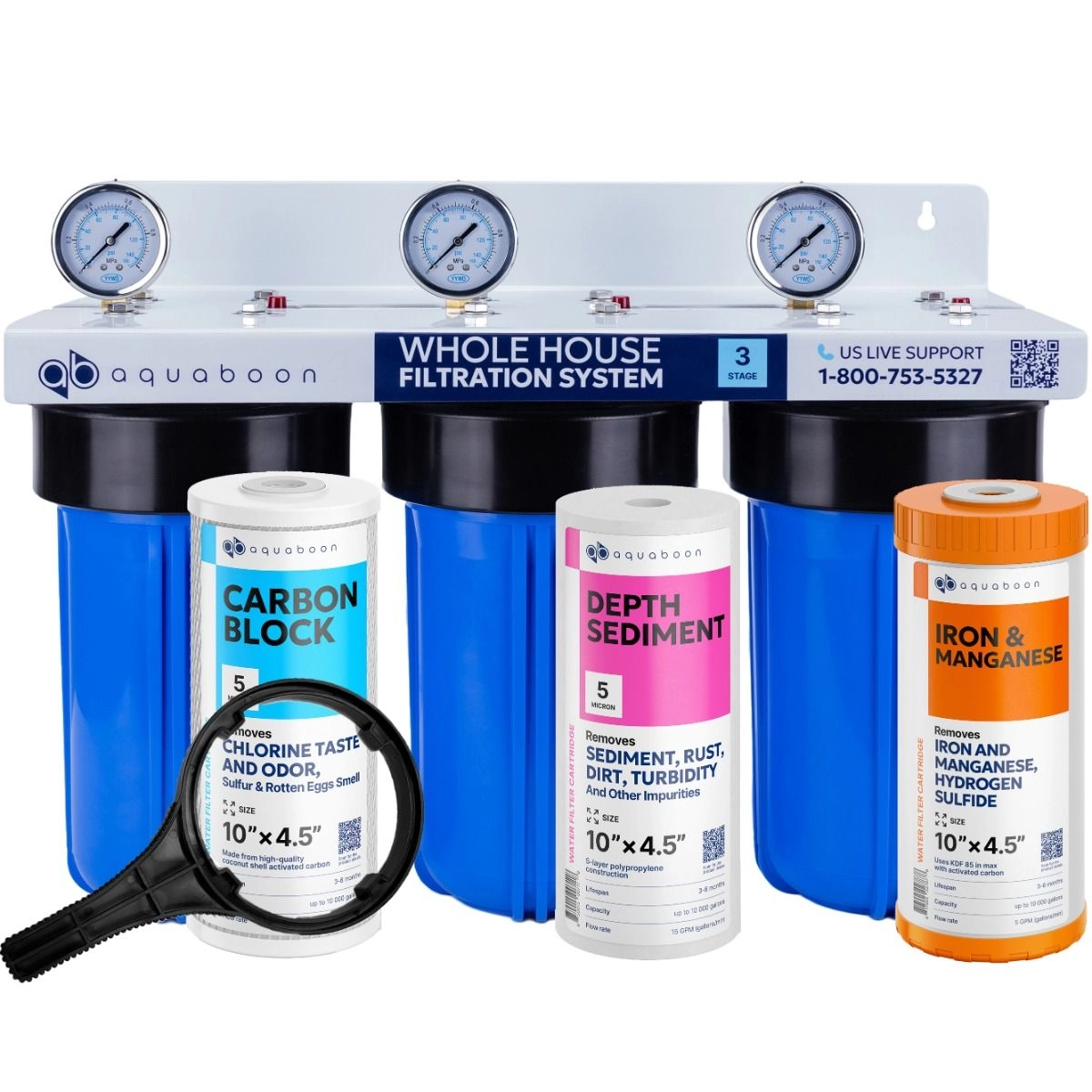 3-Stage 10" Whole House Water Filtration System by Aquaboon For Iron And Manganese Filtration On White Coated Iron Bracket SKU: AB-3WH10BB-1C10BB5M-1IRM10BB-1S10BB5M