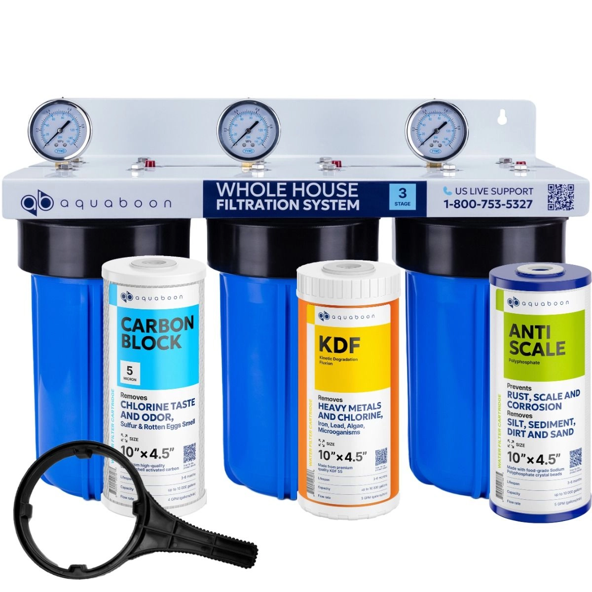 3-Stage 10" Whole House Water Filtration System by Aquaboon For Premium Filtration On White Coated Iron Bracket SKU: AB-3WH10BB-1C10BB5M-1K10BB-1PPH10BB