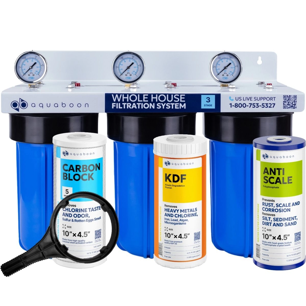 3-Stage 10" Whole House Water Filtration System by Aquaboon For Premium Filtration On White Coated Iron Bracket SKU: AB-3WH10BB-1C10BB5M-1K10BB-1PPH10BB