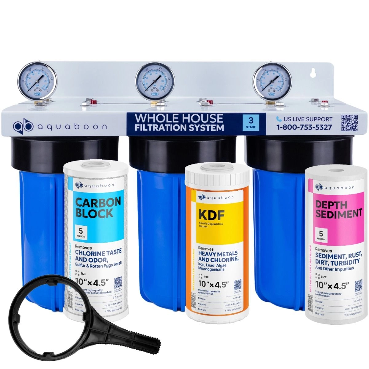3-Stage 10" Whole House Water Filtration System by Aquaboon For Heavy Metals Filtration On White Coated Iron Bracket SKU: AB-3WH10BB-1C10BB5M-1K10BB-1S10BB5M