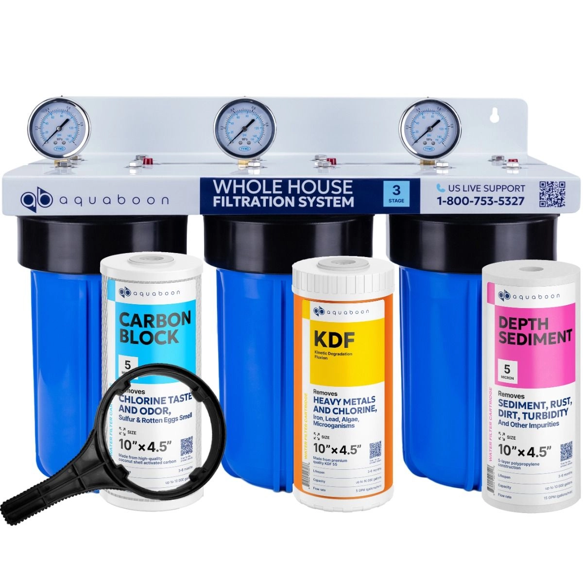 3-Stage 10" Whole House Water Filtration System by Aquaboon For Heavy Metals Filtration On White Coated Iron Bracket SKU: AB-3WH10BB-1C10BB5M-1K10BB-1S10BB5M