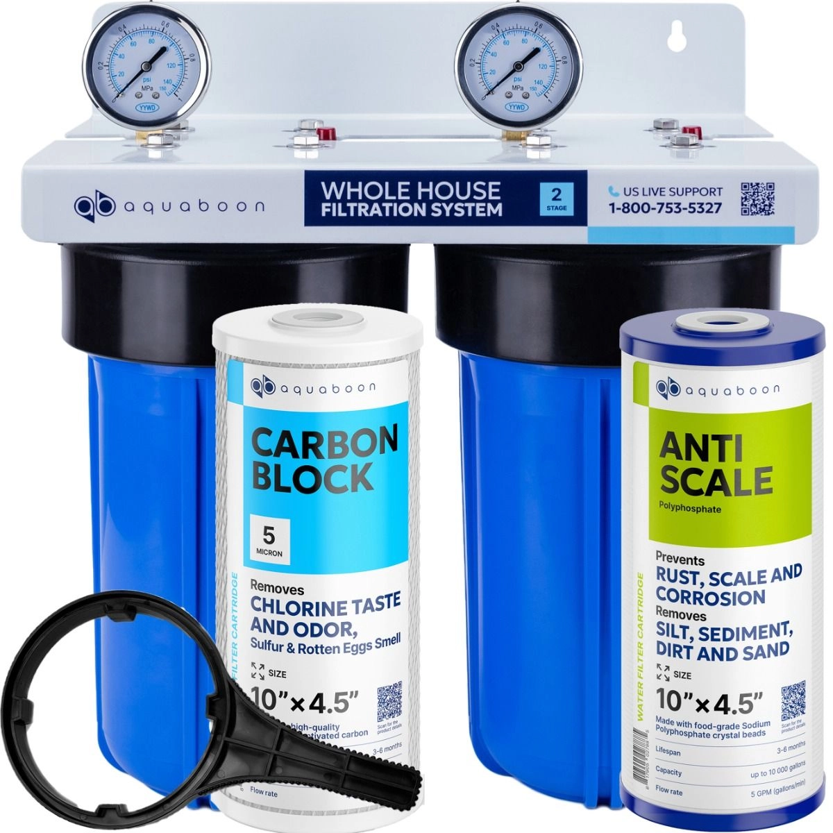 2-Stage 10" Whole House Water Filtration System by Aquaboon For Anti-Scale Filtration On White Coated Iron Bracket SKU: AB-2WH10BB-1C10BB5M-1PPH10BB