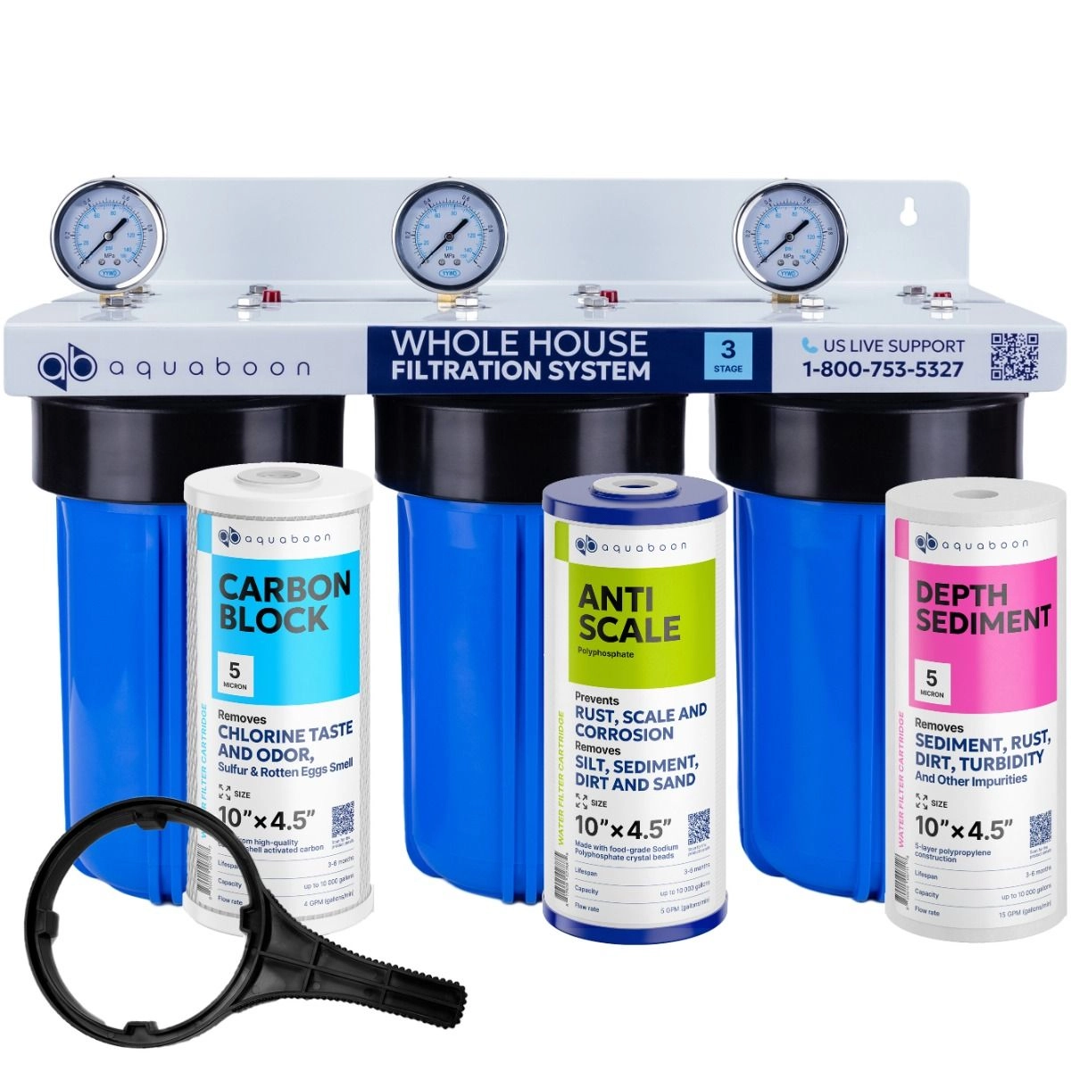 3-Stage 10" Whole House Water Filtration System by Aquaboon For Anti-Scale Filtration On White Coated Iron Bracket SKU: AB-3WH10BB-1C10BB5M-1PPH10BB-1S10BB5M
