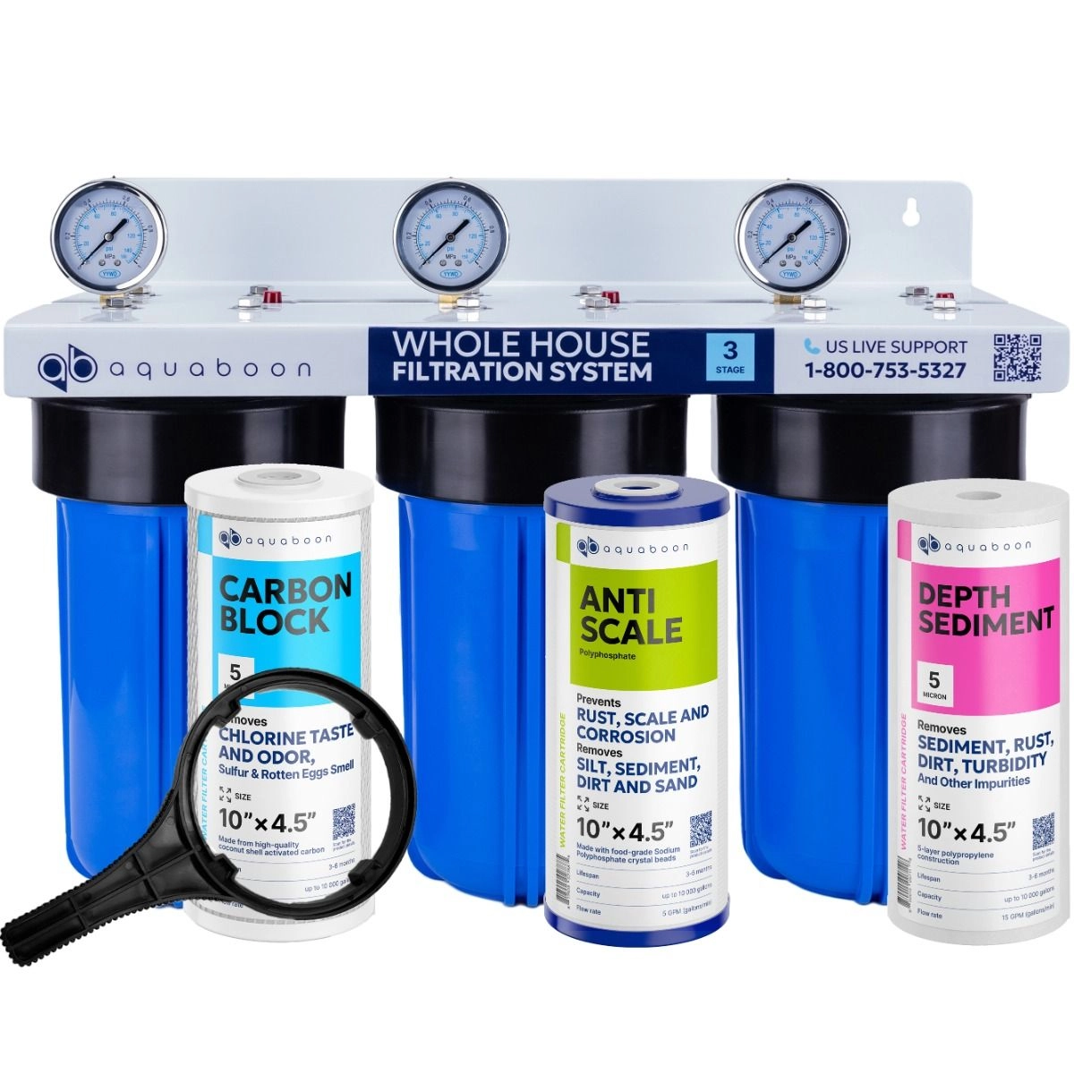 3-Stage 10" Whole House Water Filtration System by Aquaboon For Anti-Scale Filtration On White Coated Iron Bracket SKU: AB-3WH10BB-1C10BB5M-1PPH10BB-1S10BB5M