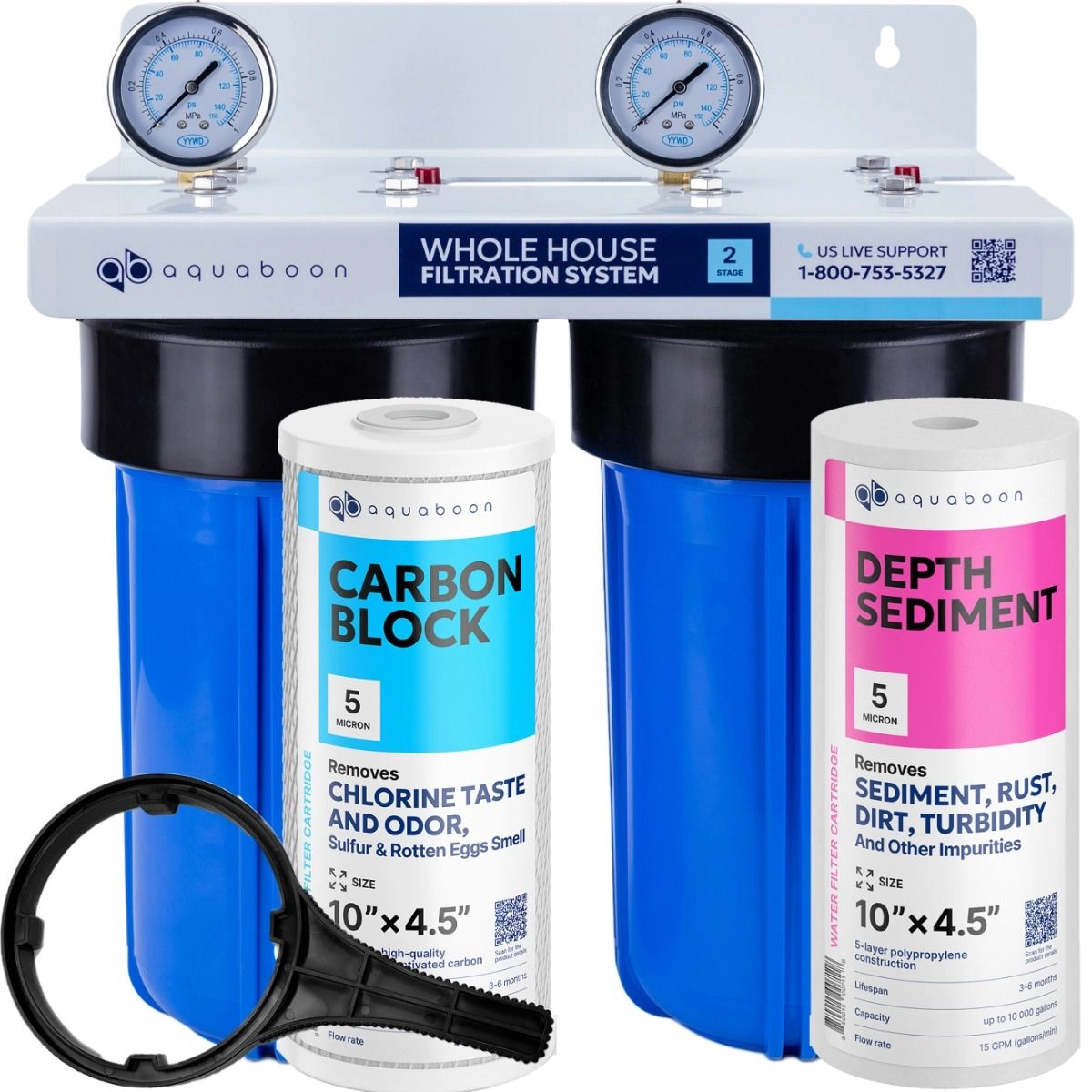 Chlorine Taste And Odor Filtration 2-Stage 10" Whole House Water Filtration System by Aquaboon On White Coated Iron Bracket SKU: AB-2WH10BB-1C10BB5M-1S10BB5M